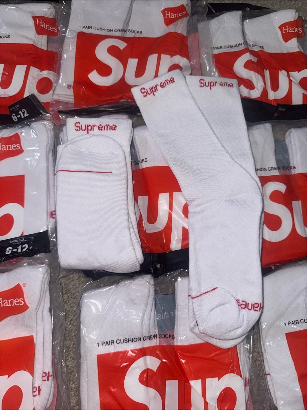 Supreme White Crew Socks with Red Logo Detail